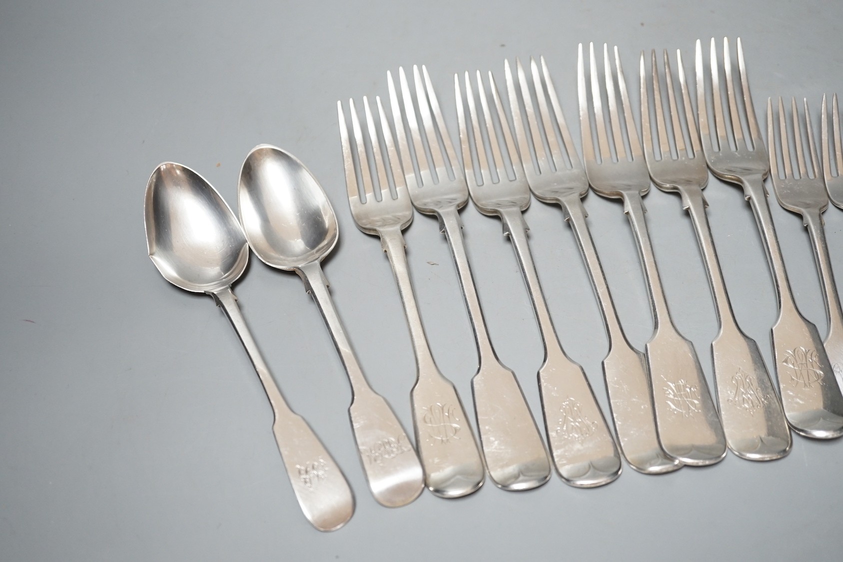 Seven items of assorted 19th century silver fiddle pattern flatware, various dates and makers and sundry other silver flatware